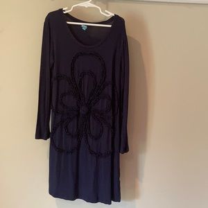 Casual blue girls long sleeve dress with a flower on the front